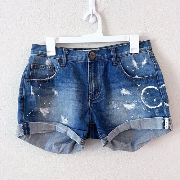 One X One Teaspoon Cuffed Shorts Size 26 Blue Denim Distressed